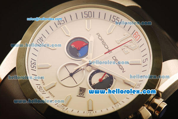 Porsche Design Chronograph Quartz Steel Case with PVD Bezel and White Dial-Black Rubber Strap - Click Image to Close